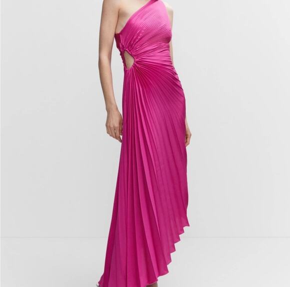 Mango Dresses & Skirts - Mango One Shoulder Satin Asymmetric Pleated Maxi Dress Pink Sz 4 Wedding Guest